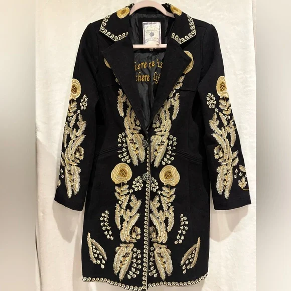PAPARAZZI BY BIZ Jacket Black Twill Floral Embroidered Boho Coat M W/Pockets - Picture 1 of 8